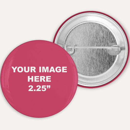 Red button with text 'Your Image Here 2.25"' on a white background