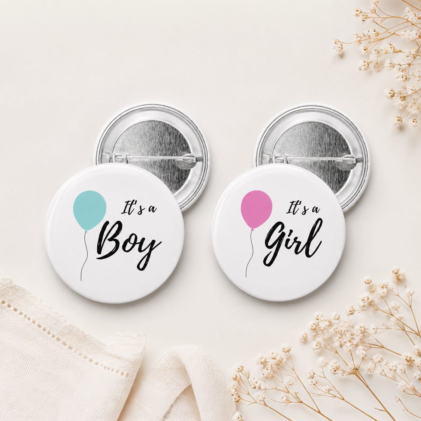 Two buttons with 'It's a Boy' and 'It's a Girl' text and balloon graphics on a light background.