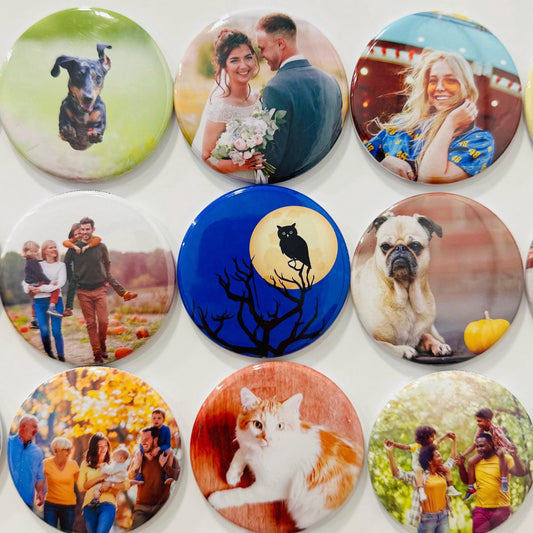 Collection of round photo magnets featuring various images including a dog, a couple, a cat, and family moments. Perfect gift set for birthday