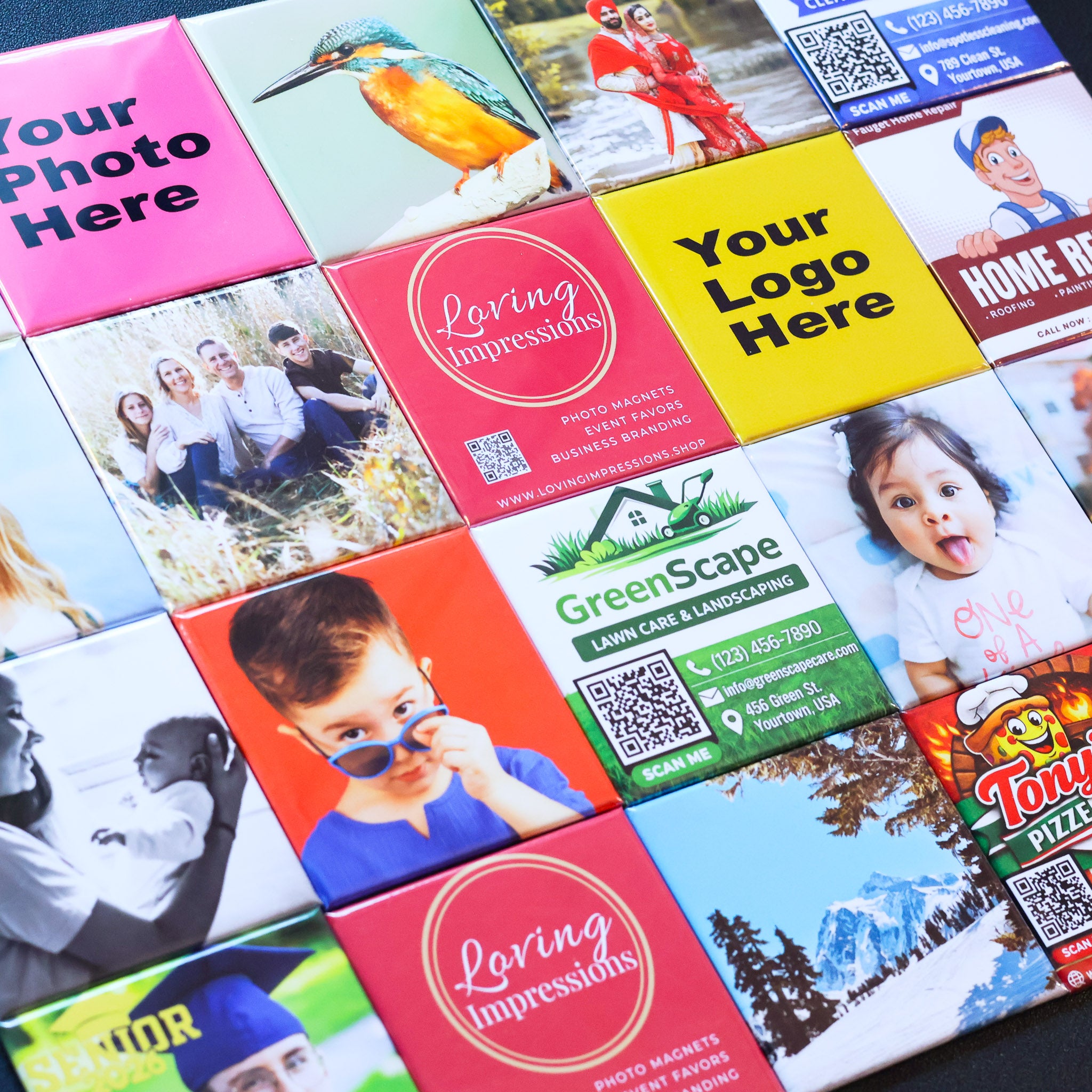 Collection of photo magnets with various designs and text