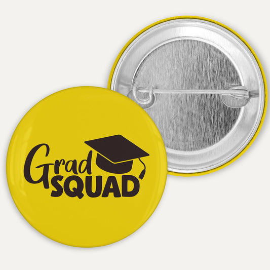 Yellow button badge with 'Grad Squad' text and graduation cap icon on a white background