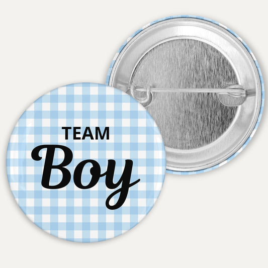 Button badge with 'Team Boy' text on a blue checkered background