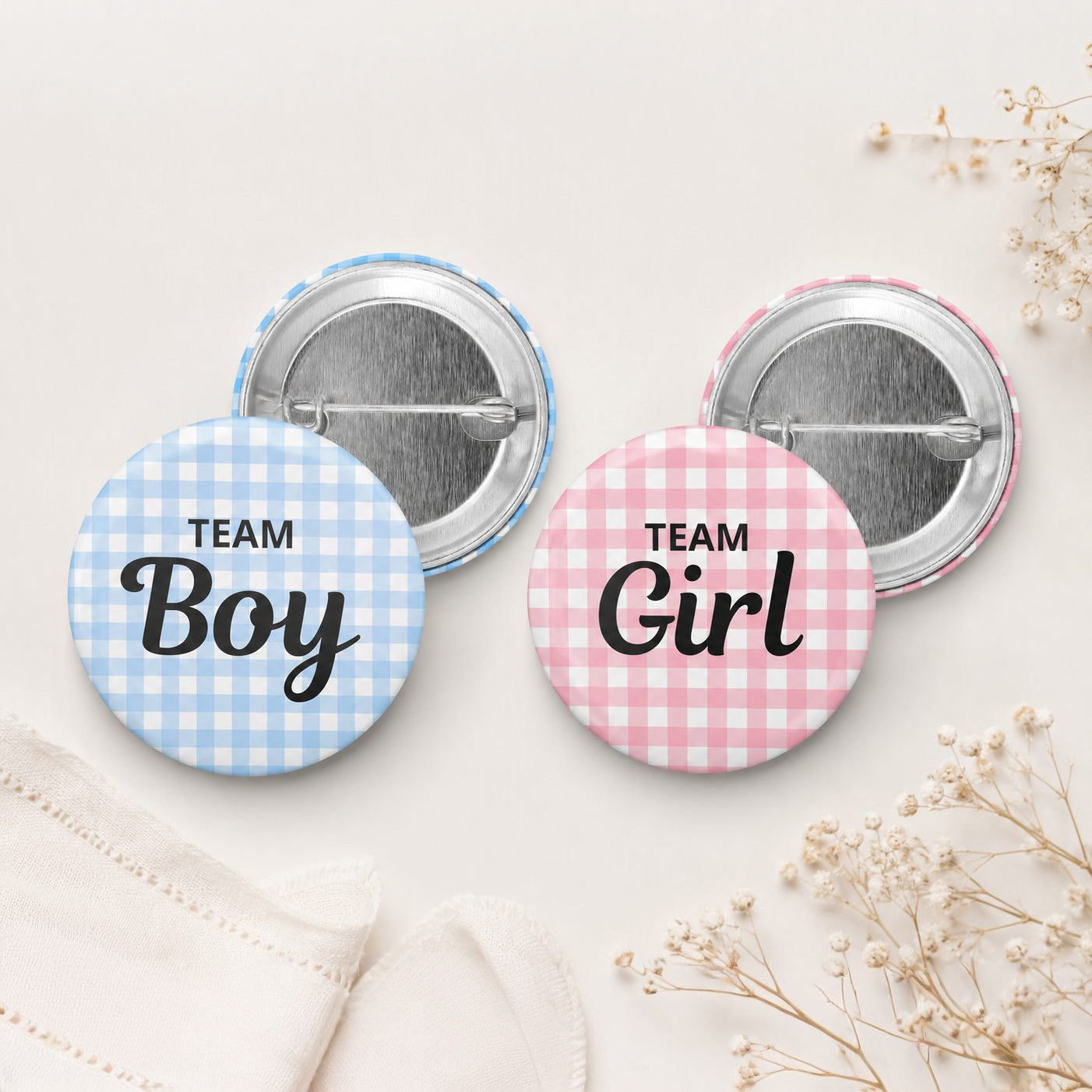Two buttons labeled 'Team Boy' on blue checkered background and 'Team Girl' on pink checkered background.
