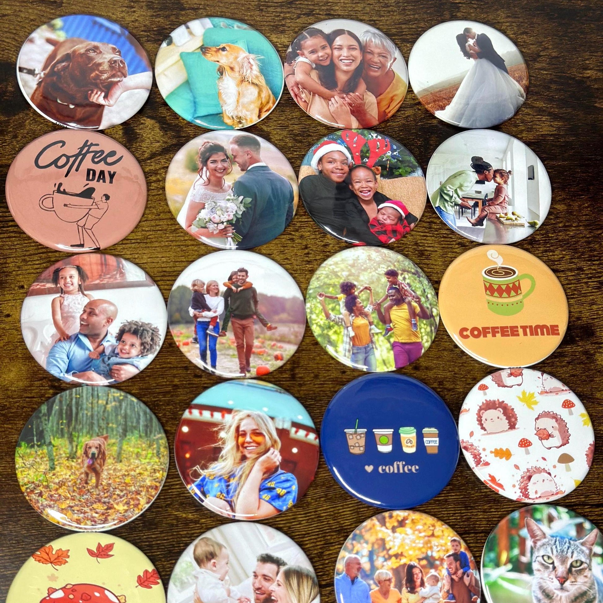 Collection of round refrigerator photo magnet with various designs on a wooden surface